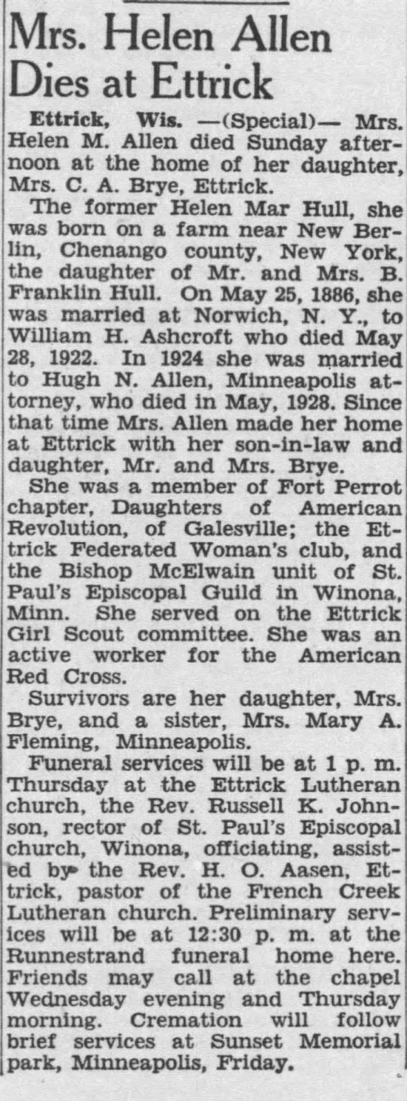 Obituary for Helen Mar Hul L Allen